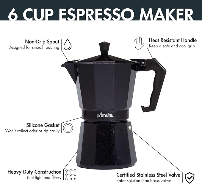 Primula Classic Stovetop Espresso and Coffee Maker, Moka Pot for Italian and Cuban Café Brewing, Greca Coffee Maker, Cafeteras, 6 Espresso Cups, Black