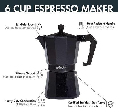 Primula Classic Stovetop Espresso and Coffee Maker, Moka Pot for Italian and Cuban Café Brewing, Greca Coffee Maker, Cafeteras, 6 Espresso Cups, Black