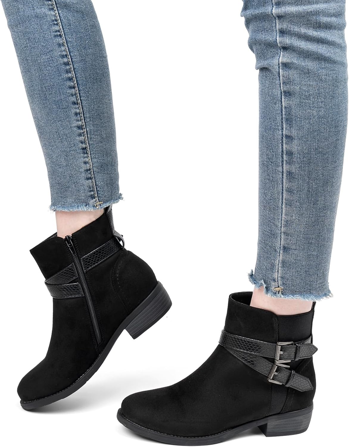 Size 12, VJH confort Women's Ankle Boots,Round Toe Low Heel Comfort Elastic Booties with Side Zipper Buckle Strap .