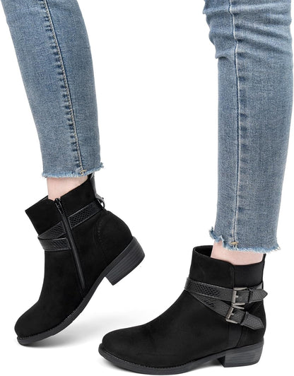 Size 12, VJH confort Women's Ankle Boots,Round Toe Low Heel Comfort Elastic Booties with Side Zipper Buckle Strap .