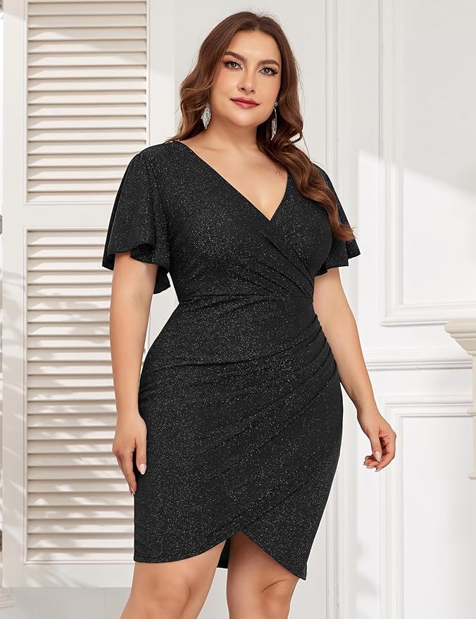 ZOMVA Plus Size 0X-4X Sparkly Glitter Ruched Bodycon Mini Dress Sparkle Sequin Wrap Ruffle Sleeve Dress Cocktail Party Formal