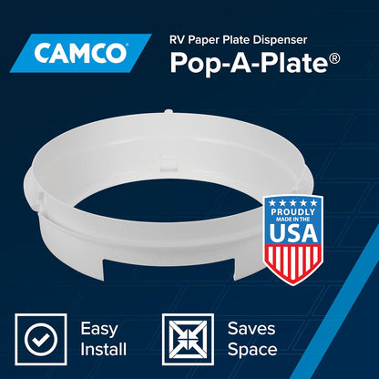 Camco Pop-A-Plate Plastic Plate Dispenser - Measures 10.2" Diameter x 2.6" Tall - Holds 9" Paper Plates - Ideal for Compact Spaces, RVs and Trailers - Mounts Under Cabinets or Shelves - White (57001)