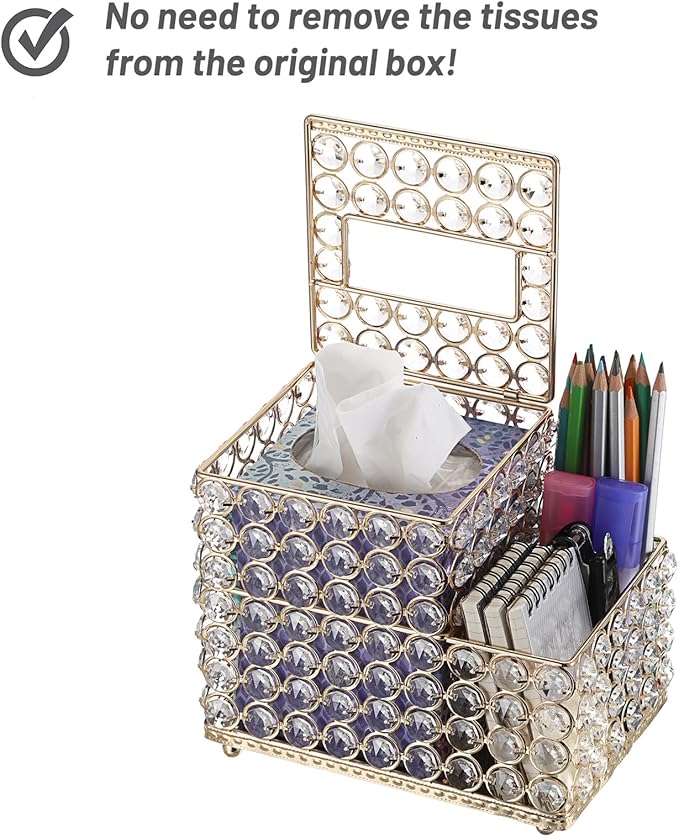 Sumnacon Square Crystal Tissue Box Cover -Sparkling Cube Tissue Box with Side Organizer,Decorative Tissue Holder for Living Room Vanity Night Stand Desk Countertop Office, Gold