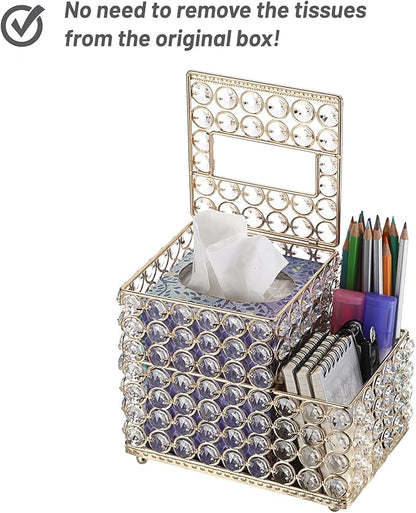 Sumnacon Square Crystal Tissue Box Cover -Sparkling Cube Tissue Box with Side Organizer,Decorative Tissue Holder for Living Room Vanity Night Stand Desk Countertop Office, Gold