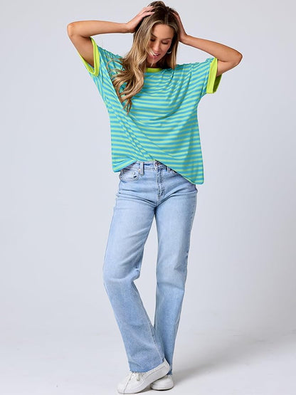 ANRABESS Womens Oversized T Shirts Striped Basic Tees Short Sleeve Crewneck Casual Loose Tops Shirts 2025 Summer Outfits