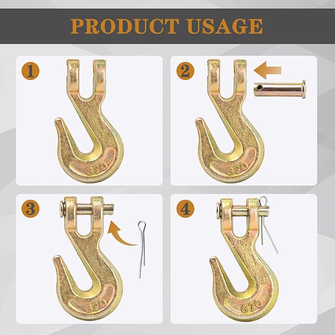 14 Chain Hook, Heavy Duty 14 Chain Hooks, 3600Lbs Working Load G70 Clevis Grab Hook 14 Inch for Trailer Truck Tow Chain Transport -Yellow Chromate Finish (4 Pack)