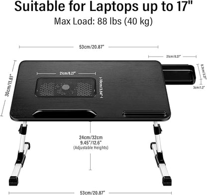 Adjustable Laptop Lap Desk with Fan and Drawer, Stand for Bed, Couch, Floor (20.9" x 11.8", Black) - Fits Laptops up to 15.6"