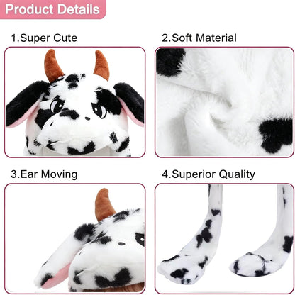 Cow Hat Ear Moving Jumping Hat Funny Plush Cap Dress Up Cosplay Party Christmas Holiday Cute Ear Flap Cap