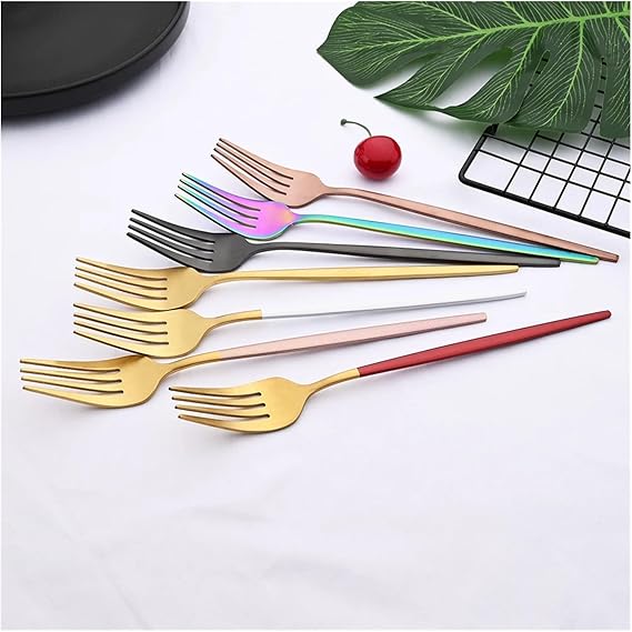 6Pcs Gold Matte Dinner Fork Stainless Steel Dinnerware Flatware Western Fork Wedding Hotel Tableware Silverware Cutlery Set (Size : White Silver)