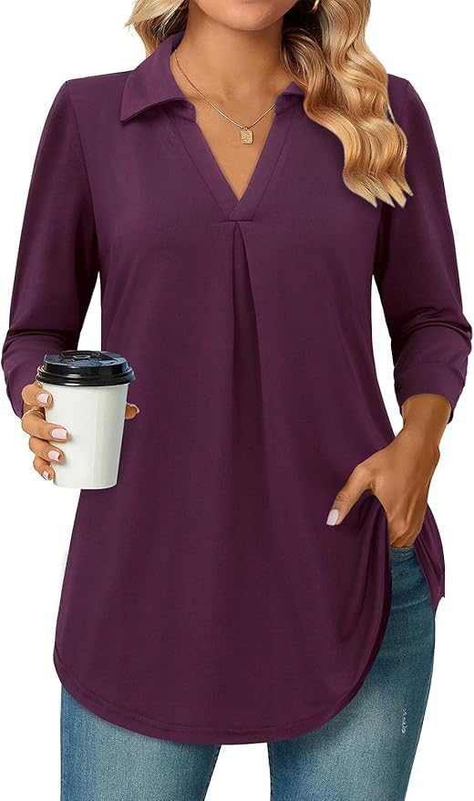 Bulotus Women's 3/4 Sleeve Tunic Shirts Business Casual Blouses V Neck Work Tops
