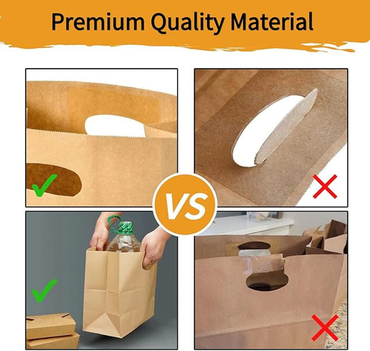 COGLARING 50Pcs 11x6x11 Brown Kraft Paper Bags with Handles, Die Cut Tote Bulk for Retail Shopping Takeout Bakery Gift Bags