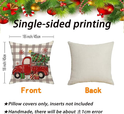 Dixutzi Christmas Pillow Covers 18x18 Set of 4, Red Tree Truck Snowflake Merry Christmas Hello Winter Holiday Farmhouse Xmas Decorative Throw Pillows Cushion Case for Sofa Couch Home Decor