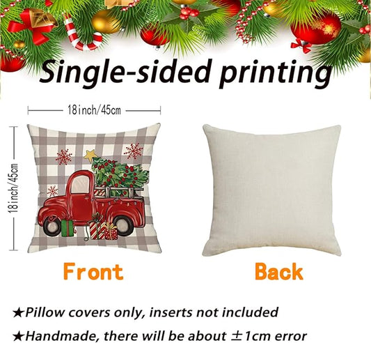 Dixutzi Christmas Pillow Covers 18x18 Set of 4, Red Tree Truck Snowflake Merry Christmas Hello Winter Holiday Farmhouse Xmas Decorative Throw Pillows Cushion Case for Sofa Couch Home Decor