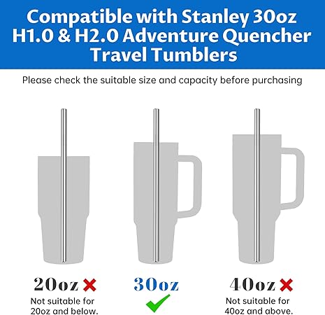 Tomorotec 30oz Straws, 11" Stainless Steel Straw 14PCS for 30oz Stanley Tumbler, 0.35"9mm Diameter Sleek Metallic Finish- 7 Straight, 7 Bent Straws  2 Brushes, Dishwasher Safe, 304 Food-Grade