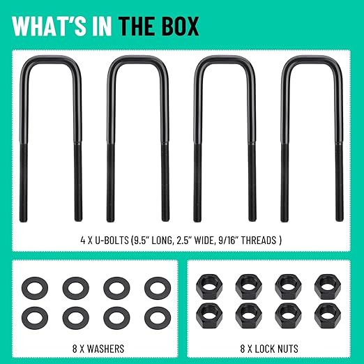 4pcs Extended Square Bend U-Bolts, 9.5" Long x 2.5" Wide x 9/16" Threads with Hardware