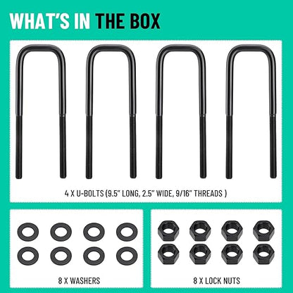 4pcs Extended Square Bend U-Bolts, 9.5" Long x 2.5" Wide x 9/16" Threads with Hardware