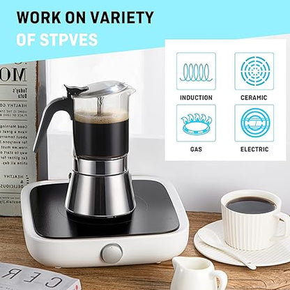 Moka Induction Stovetop Espresso Maker,Crystal Glass-top  Stainless Steel Espresso Moka Pot,Classic Italian coffee maker,240ml(6cup)