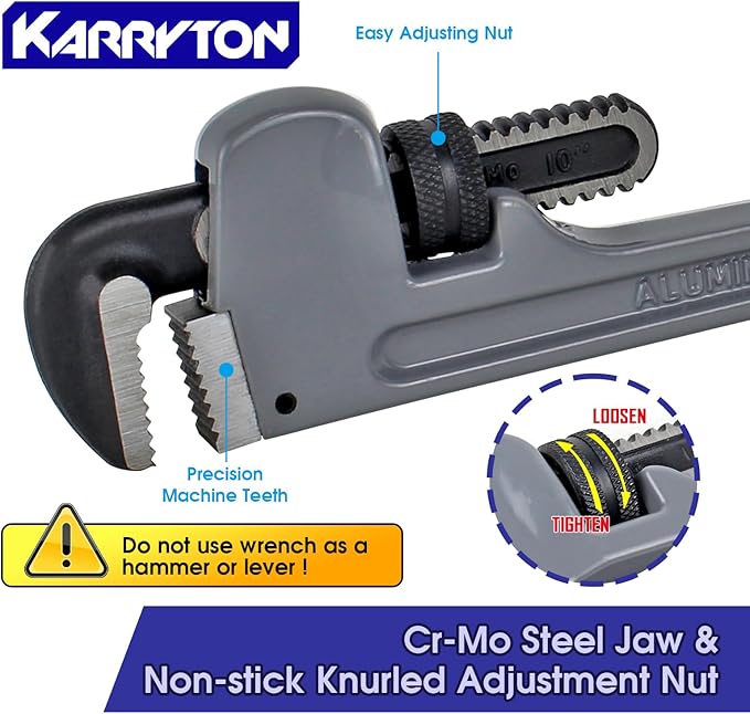 10 Inch Aluminum Pipe Wrench, 1-58"41mm Adjustable Cr-Mo Jaw Opening Heavy Duty Straight Handle Plumbing Wrenches, Perfect Plumbers Tool Exceed GGG Standard
