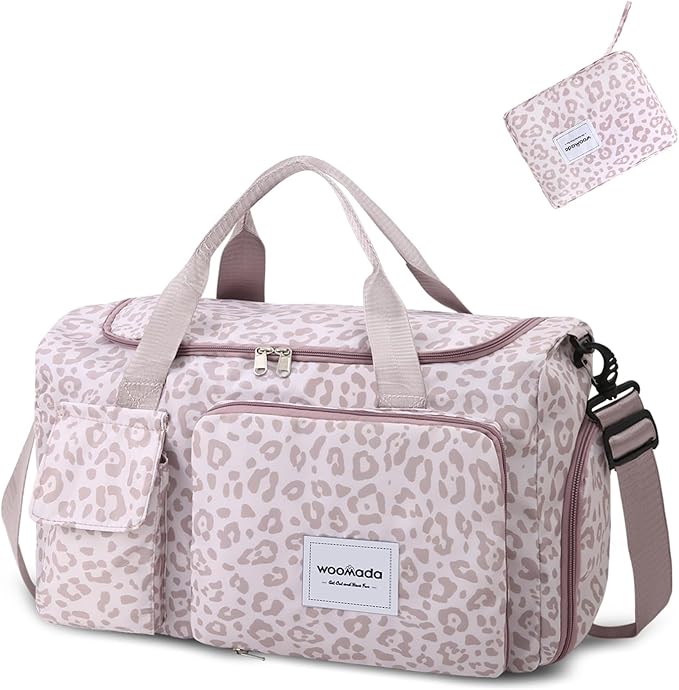 WOOMADA Foldable Travel Duffel Bag with Shoes Compartment, Overnight Bag with Wet Pocket  Trolley Sleeve, Weekender Bags for Women(A-pink leopard)
