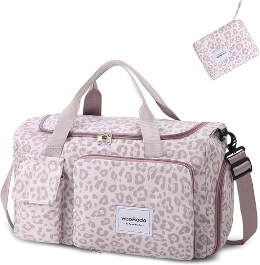 WOOMADA Foldable Travel Duffel Bag with Shoes Compartment, Overnight Bag with Wet Pocket  Trolley Sleeve, Weekender Bags for Women(A-pink leopard)