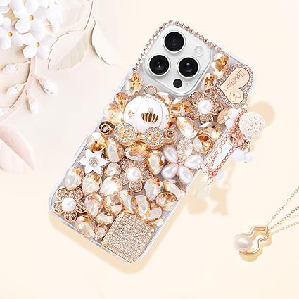 for iPhone 15 Pro Max Bling Glitter Case, Luxury Shiny Diamond Crystal Rhinestone Champagne Pumpkin Car Handmade Clear Protective Case Cover for iPhone 15 Pro Max