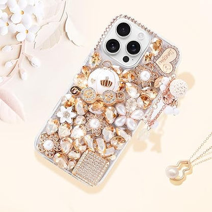 for iPhone 15 Pro Max Bling Glitter Case, Luxury Shiny Diamond Crystal Rhinestone Champagne Pumpkin Car Handmade Clear Protective Case Cover for iPhone 15 Pro Max