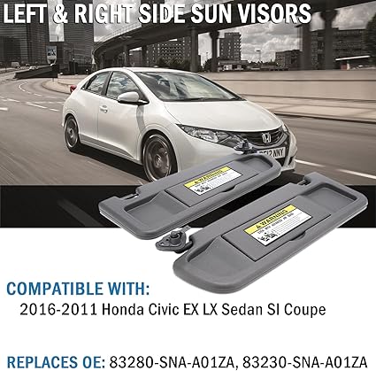 Sun Visors, Left & Right (Driver Side and Passenger Side), Replacement for 2006-2011 Honda Civic Replaces 83280-SNA-A01ZA, 83230-SNA-A01ZA (Atlas Gray)