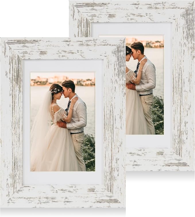4x6 Picture Frame Set of 2 with HD Glass, Distressed White Wood Photo Frames Display 3.5x5 Picture with Mat or 4 x 6 Without Mat for Horizontal or Vertical Tabletop and Wall Mounting