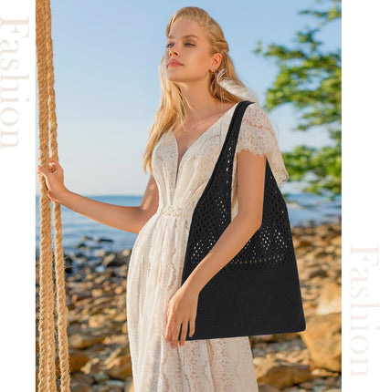 Sightor Crochet Tote Bag, Mesh Beach Bag Knit Summer Hobo Bag Vacation Boho Tote Bag for Women.