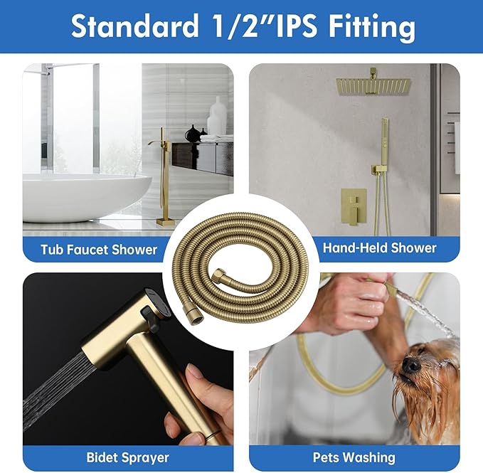 RUMOSE Shower Hose 79 inches Extra Long Stainless Steel Shower Tube Attachment Flexible Handheld Shower Sprayer Hose, Brushed Gold