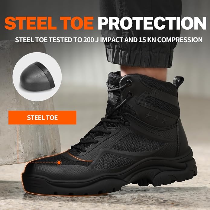 Size 13 GUYISA Steel Toe Boots for Men Work Boots for Men Breathable High Top Work Shoes Lightweight Indestructible Safety Shoes Industry Construction Safety Footwear.