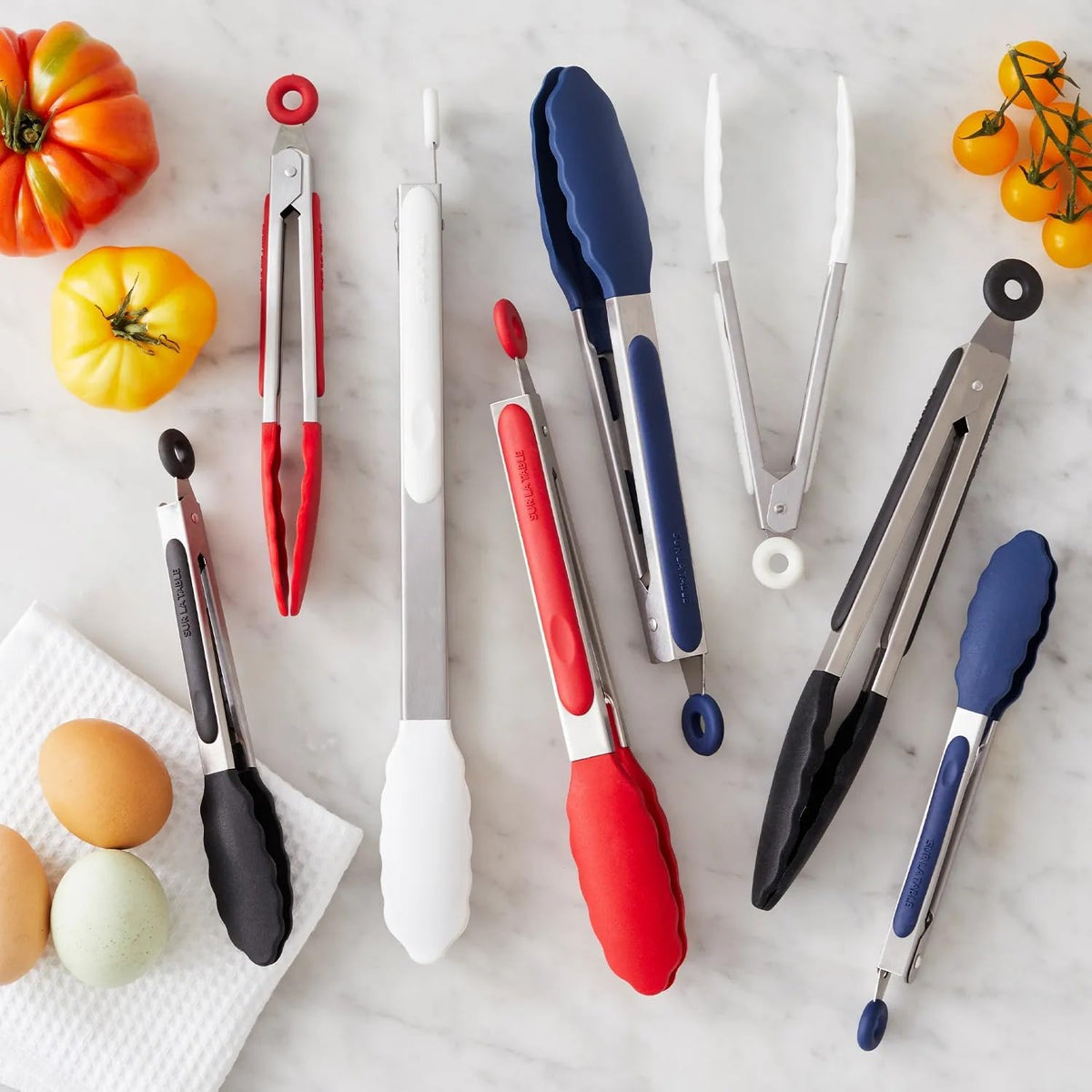 Sur La Table Silicone-Tipped Tongs, 9 in, White, Locking Tongs with Silicone Tips for Nonstick- Gripping and Turning, 9 in