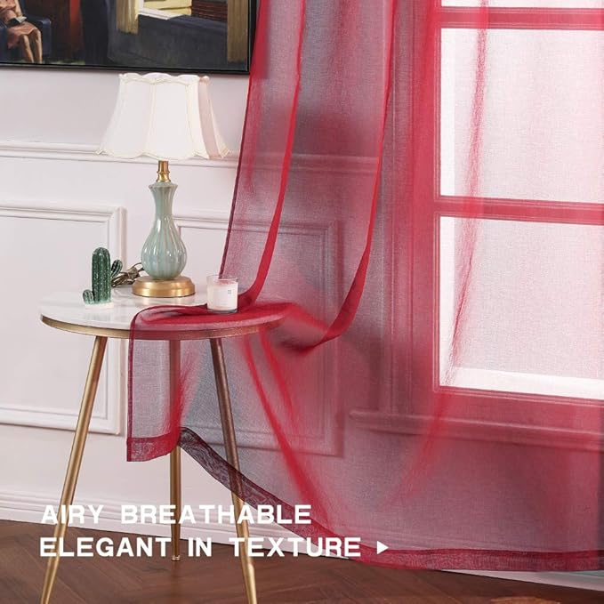 MIULEE 2 Panels Burgundy Red Semi Sheer Window Curtains Elegant Christmas Decor Grommet Top Voile Drapes Window Treatment Linen Textured Panels for Bedroom Living Room (54X84 inch Length)