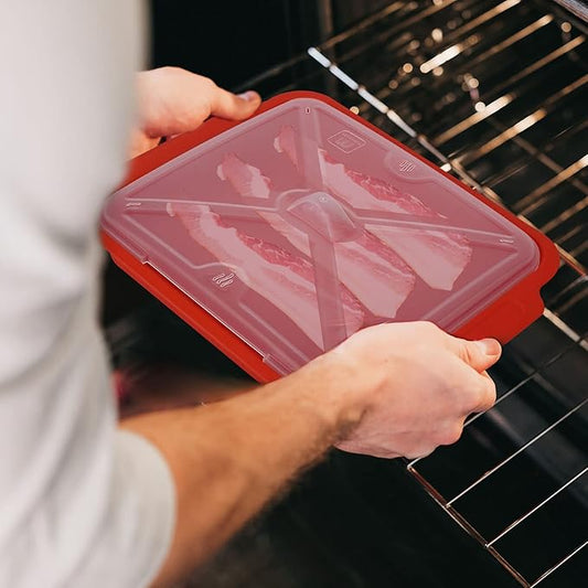 MMUGOOLER Microwave Easy Bacon Maker/Cooker with Lid, Safety, Quick and with No Mess, 11.3" L x 9.0" W x 2.4" H- Red