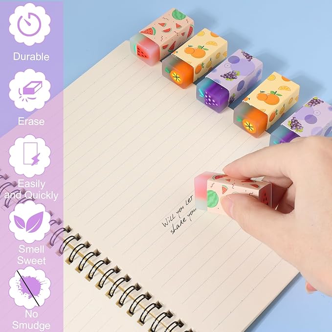 12Pcs Cute Erasers for Kids, Fun Fruit Shaped Erasers Scented Pencil Rubber Erasers Classroom Students Reward School Supplies Prize Gifts Party Favors
