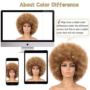 GT Wig 70s Afro Wig Short Kinky Curly Colored Wigs for Women Glueless Wear and Go Wig Mixed Blonde Afro Wig Large Bouncy and Soft Natural Looking Heat Resistant Synthetic Hair Wigs