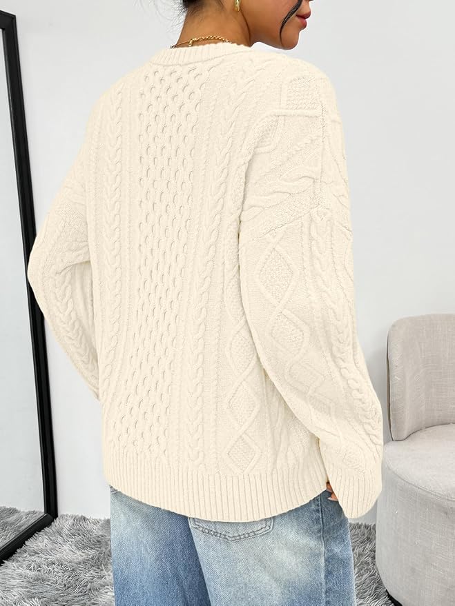 Trendy Queen Womens Oversized Cable Knit Sweaters 2026 Fall Fashion Outfits | Crewneck Fall Fashion Clothes Winter Clothing, Chunky Knit Texture, Cute Holiday Outfit Pullover Tops, Easy Layering Piece
