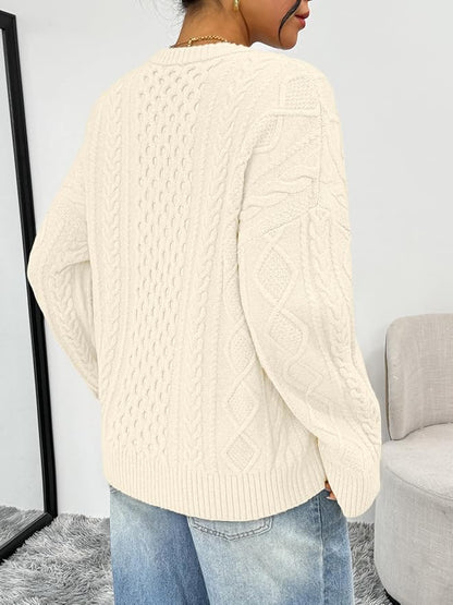 Trendy Queen Womens Oversized Cable Knit Sweaters 2026 Fall Fashion Outfits | Crewneck Fall Fashion Clothes Winter Clothing, Chunky Knit Texture, Cute Holiday Outfit Pullover Tops, Easy Layering Piece