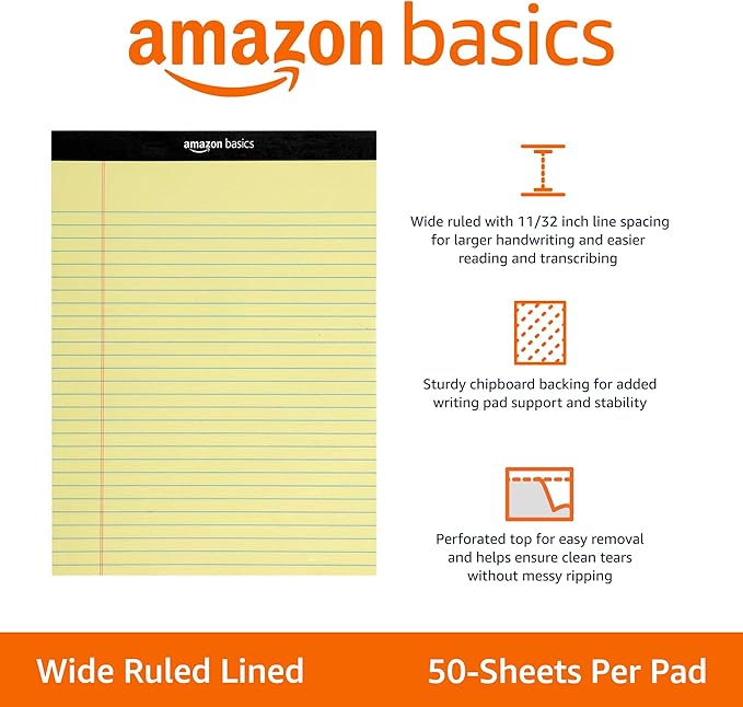 Basics Wide Ruled Lined Writing Note Pad, 8.5" x 11.75", Canary, 600 Perforated Sheets, 12-Pack of 50
