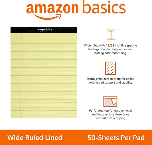 Basics Wide Ruled Lined Writing Note Pad, 8.5" x 11.75", Canary, 600 Perforated Sheets, 12-Pack of 50