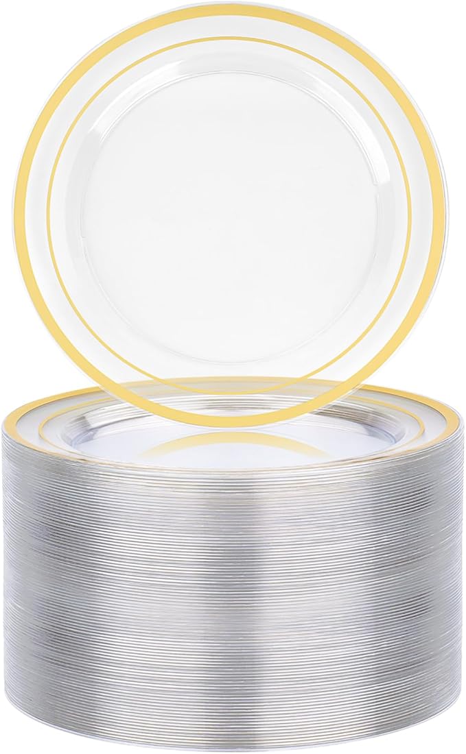 100PCS Clear Plastic Plate, 7 Inch Disposable Dessert Plate Party with Gold Rim, Heavy Duty Disposable Plastic Plates for Party, Wedding and Birthday