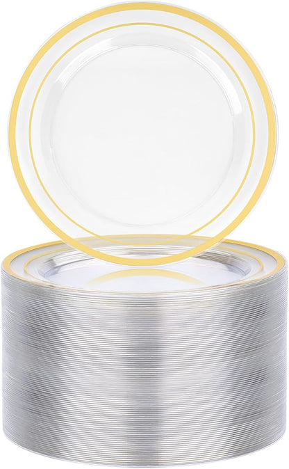 100PCS Clear Plastic Plate, 7 Inch Disposable Dessert Plate Party with Gold Rim, Heavy Duty Disposable Plastic Plates for Party, Wedding and Birthday