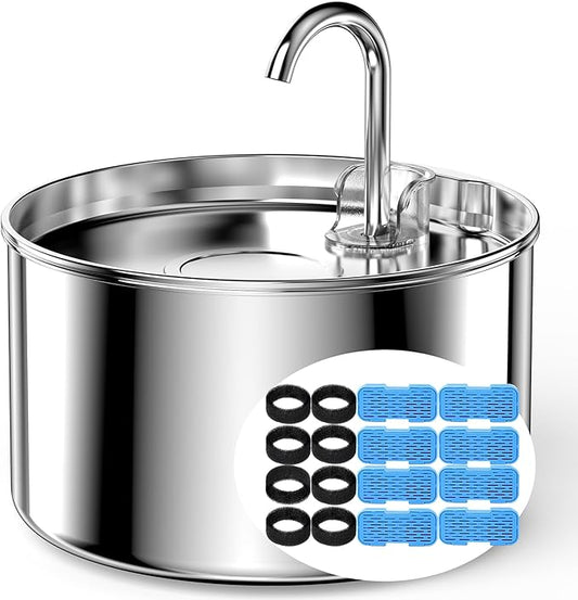 Cat Water Fountain Stainless Steel  8 filters  8 Sponges - Pet Water Fountains Faucet Metal Automatic CatDog Waterer Bowls Pets Watering Running Bottle Water Dispenser for Drinking Ultra Quiet Pump