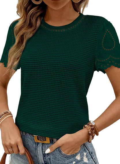 Womens Frenchy Summer Tops Crewneck Short Sleeve T Shirts Casual Waffle Knit Jacquard Blouses Top Shirts