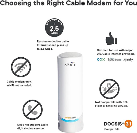 ARRIS - SURFboard S33 32 x 8 DOCSIS 3.1 Multi-Gig Cable Modem with 2.5 Gbps