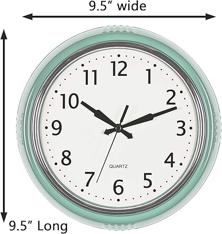 Bernhard Products Retro Wall Clock 9.5 Inch Green Kitchen 50's Vintage Design Round Silent Non Ticking Battery Operated Quality Quartz Clock (Seafoam Green)