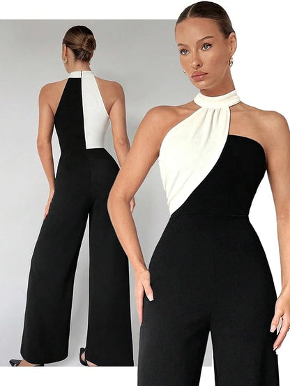 Women's 2024 Casual Long Jumpsuit Sleeveless Colorblock Asymmetrical Halter Jumpsuit