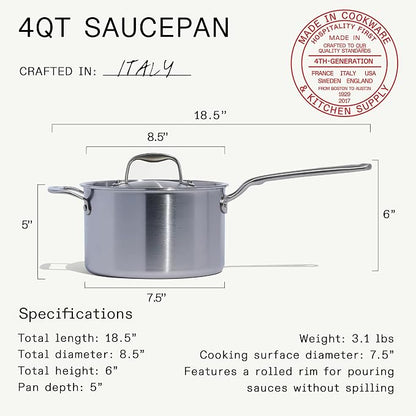 Made In Cookware - 4 Quart Stainless Steel Saucepan with Lid - 5 Ply Stainless Clad Sauce Pan - Professional Cookware - Crafted in Italy - Induction Compatible