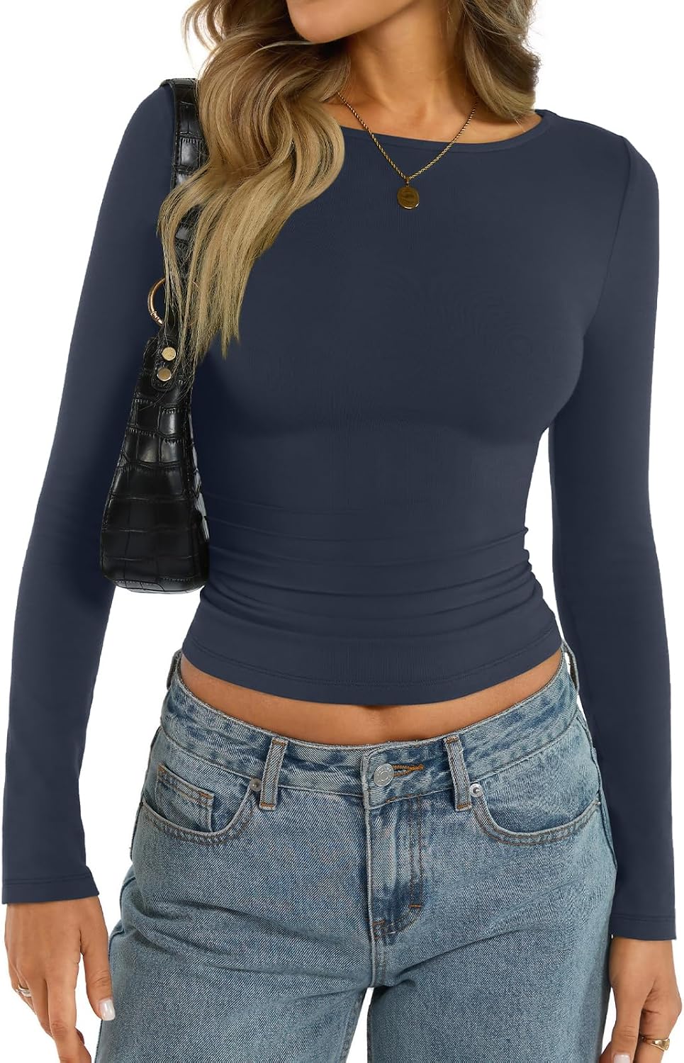 EasyGala Womens Cotton Boat Neck Long Sleeve Shirts Basic Going Out Stretchy Slim Fit Y2k Crop Tops