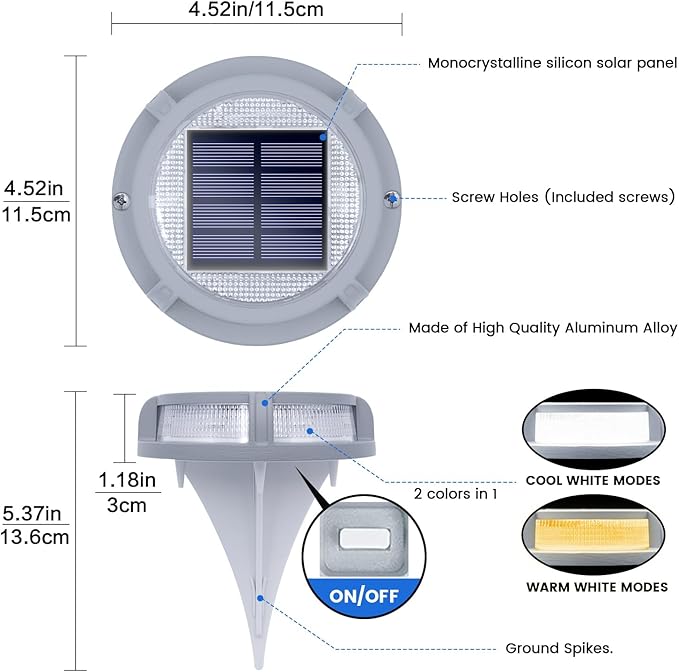 SIEDiNLAR Solar Deck Lights Outdoor 2 Modes 16 LEDs Driveway Markers Dock Light Solar Powered Waterproof for Ground Step Pathway Walkway Stair Garden Road Yard 4 Pack (Cool WhiteWarm White)